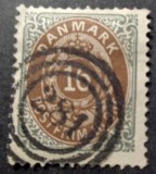 Danemarca 1875 &ndash; 10 &Oslash;re brun/albastru, &bdquo;Postfrim&aelig;rke&rdquo;, timbru clasic obliterat