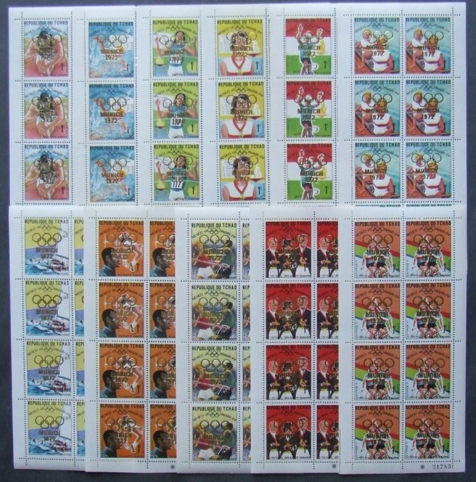 R.DU TCHAD-MUNICH 1972 SUPRATIPAR AURIU OLIMPIADA--SET 23 V.IN COLI DE 8 V. (8 SERII ).MNH** - EP 232