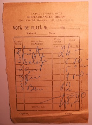 Notă de plată la Restaurantul Diham foto