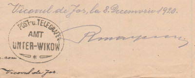1920 Bucovina - Dispozitie postala pt. circulatii oficiale, stampila UNTER-WIKOW foto