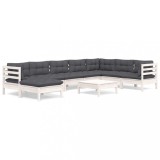 Set mobilier de gradina cu perne, 9 piese, alb, lemn masiv pin