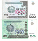 Uzbekistan lot 2 bancnote 1000 si 5000 So&#039;m