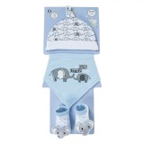 Set Căciuliță, Bavetă și șosete, Model 3D Elefant, Albe și Ciel, Bumbac, Băieți, Nou-Născut, Oem