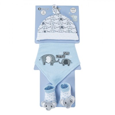 Set Căciuliță, Bavetă și șosete, Model 3D Elefant, Albe și Ciel, Bumbac, Băieți, Nou-Născut foto