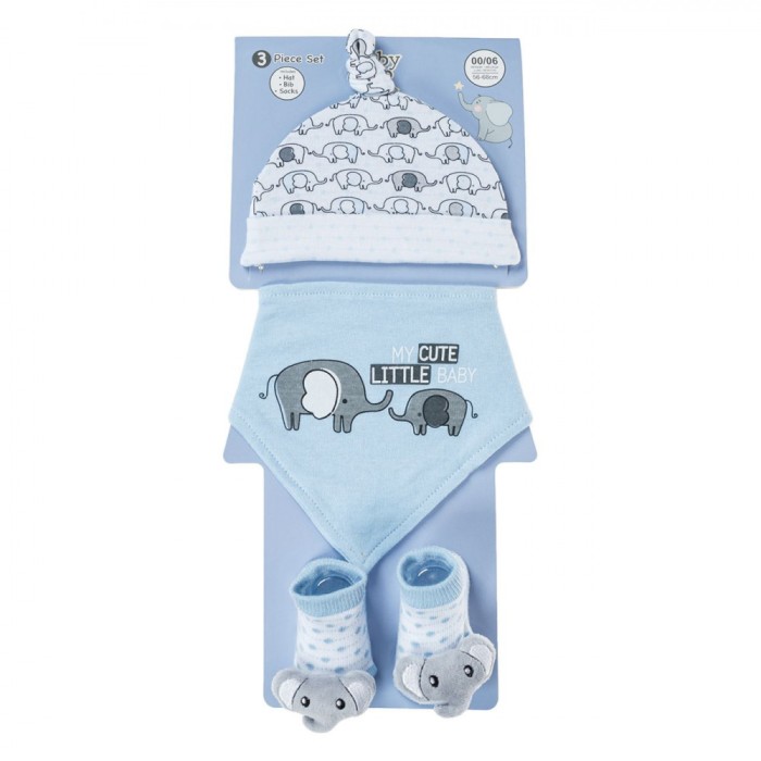 Set Căciuliță, Bavetă și șosete, Model 3D Elefant, Albe și Ciel, Bumbac, Băieți, Nou-Născut