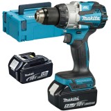 Makita DHP489RTJ - Masina de gaurit si insurubat cu percutie cu 2 acumulatori Li-Ion 18 V 5 Ah 73 Nm motor fara perii led iluminare valiza plastic