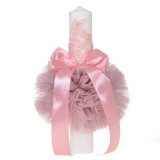 Lumanare botez eleganta cu tul, dantela si fundita, decor roz pudra, Denikos&reg;
