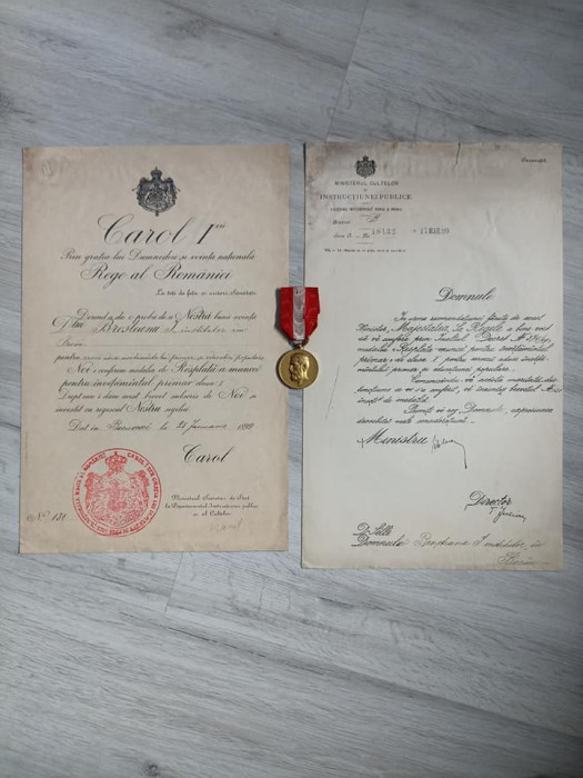 Brevetul +autorizatia+ medalia Rasplata muncii pt invatamantul primar cls 1,1899