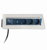 Bloc de prize incastrabil in blat birou OMU system MSD8 3G2U cu 3 prize schuko 16A USB A+C 2,4A, inox 230V 1.8metri cablu 3G1.5