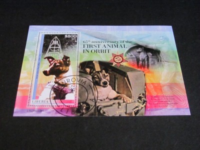 65 Ani de la Primul Animal &amp;icirc;n Orbită, Laika Sputnik 2 - Bloc Filatelic Liberia 2022 foto