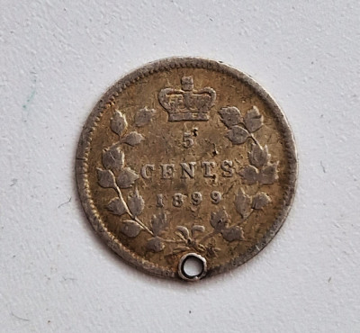 moneda din argint _ Canada 5 cents 1899 _ km # 2 _ AG . 925 _ rara foto