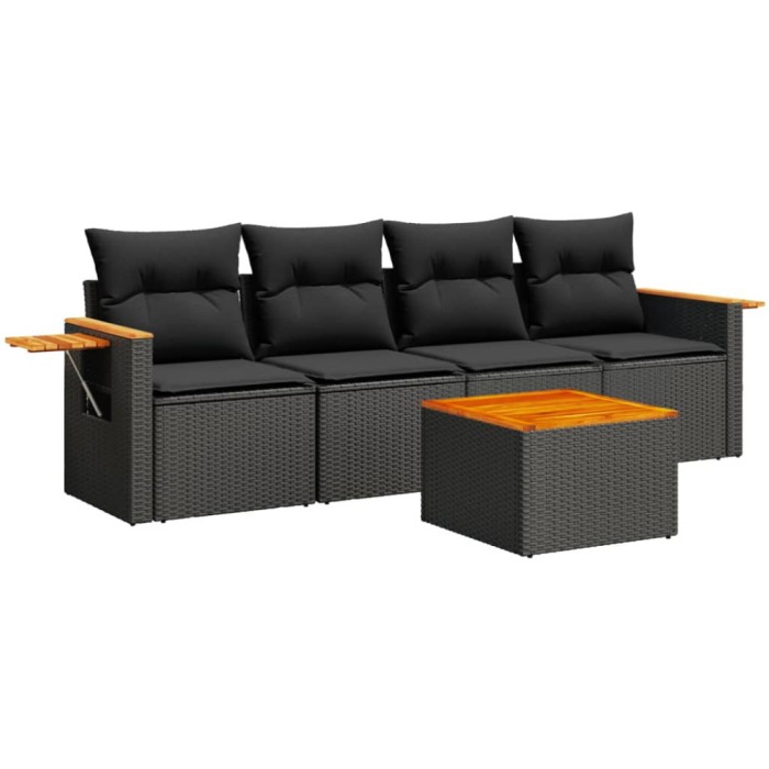 Set mobilier de gradina cu perne, 5 piese, negru, poliratan