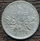 (A1010) MONEDA DIN ARGINT FRANTA - 5 FRANCS 1964, SEMANATOAREA, 12 GRAME, AG 835