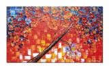 Cumpara ieftin Tablou living 3D GIGANT pictat manual, Copacul vietii cu flori rosii si mov, 120x70cm ulei pe panza in cutit, Mircea Iordache