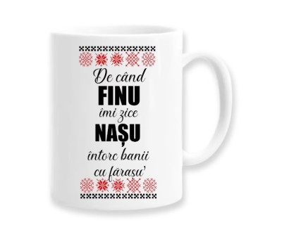Cana alba personalizata &amp;quot;De cand Finu imi zice Nasu, intorc banii cu farasu&amp;quot;, INOVATIX&amp;reg;. 330ml foto