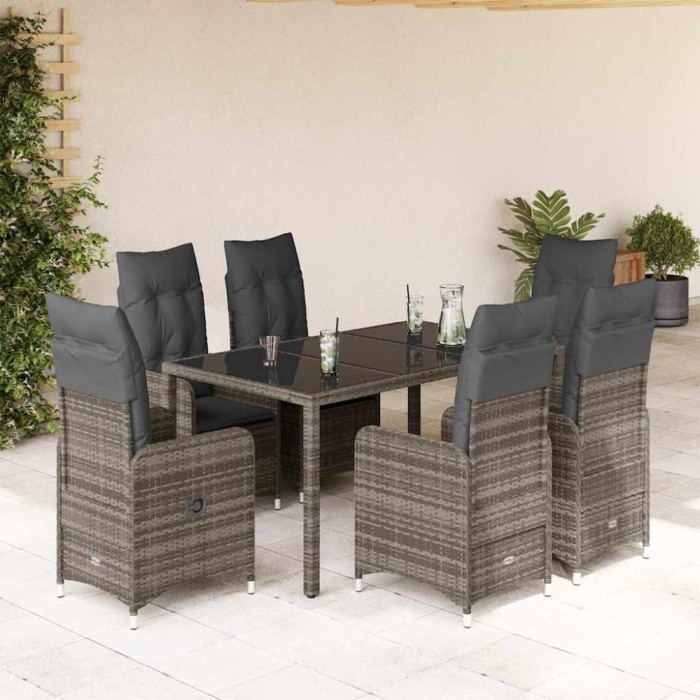 Set bistro de grădină cu perne, 7 piese, gri, poliratan