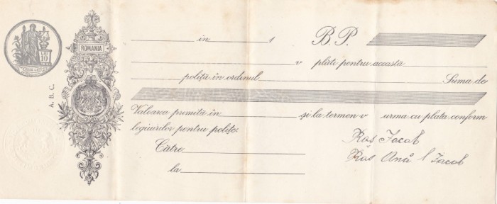 CAMBIE BILET LA ORDIN 1926 TIMBRU SEC 10 LEI ABC ,TIMBRU FISCAL,FILIGRAM