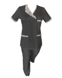 Costum Medical Pe Stil, Negru cu Elastan Cu Paspoal si Garnitură Stil Japonez, Model Nicoleta - 4XL, 4XL