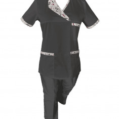 Costum Medical Pe Stil, Negru cu Elastan Cu Paspoal si Garnitură Stil Japonez, Model Nicoleta - 2XL, 2XL