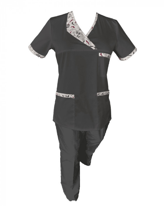 Costum Medical Pe Stil, Negru cu Elastan Cu Paspoal si Garnitură Stil Japonez, Model Nicoleta - XL, 4XL