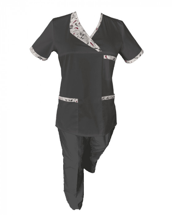 Costum Medical Pe Stil, Negru cu Elastan Cu Paspoal si Garnitură Stil Japonez, Model Nicoleta - XS, L