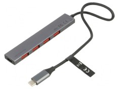 Hub USB cu 4 porturi USB A, port USB C și mufă USB C, cablu gri 0,25m