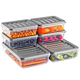 Set GinzaMaison Freshbox pentru pastrare si depozitare alimente, 6 Cutii cu capac (4X600 ml, 2X1200 ml), Alb Transparent, Capac Gri