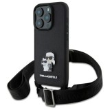 Husa iPhone 16 Pro Max Karl Lagerfeld Saffiano Crossbody, negru, Metal Pin Karl&amp;Choupette, KLHCP16XSAKCPBK