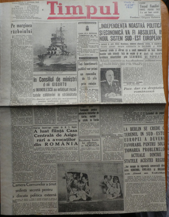 Ziarul Timpul, 2 august 1940