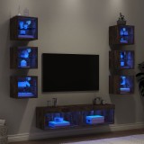 vidaXL Unități de perete TV cu LED-uri, 8 piese, stejar fumuriu, lemn