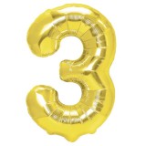 Balon din folie metalizata flippy, figurina cifra, tema aniversare 80 cm, ambalaj individual, pai inclus, umflare cu aer sau heliu, auriu, cifra 3