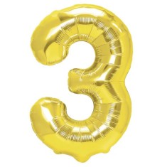 Balon din folie metalizata flippy, figurina cifra, tema aniversare 40 cm, ambalaj individual, pai inclus, umflare cu aer sau heliu, auriu, cifra 3
