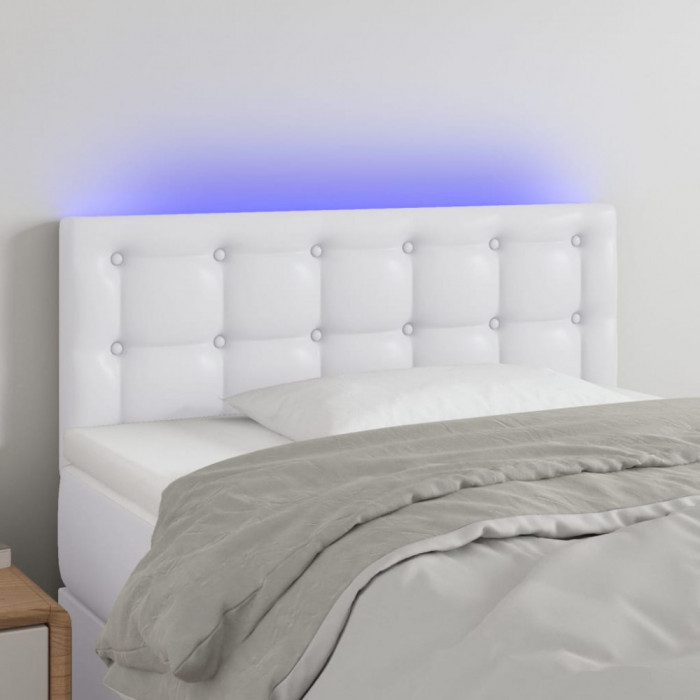 vidaXL Tăblie de pat cu LED, alb, 90x5x78/88 cm, piele ecologică