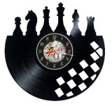 Ceas de perete decorativ 30 cm, Disc Vinil, Tema Șah, Mecanism Quartz Silentios, Negru