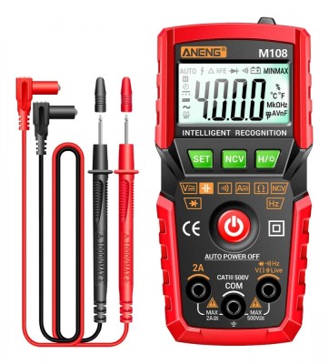 Multimetru smart digital ANENG M108, Carcasa Antisoc, DC(V), DC(A), AC(V), AC(A), rezistenta, capacitate, frecventa, diode, temperatura, NCV foto
