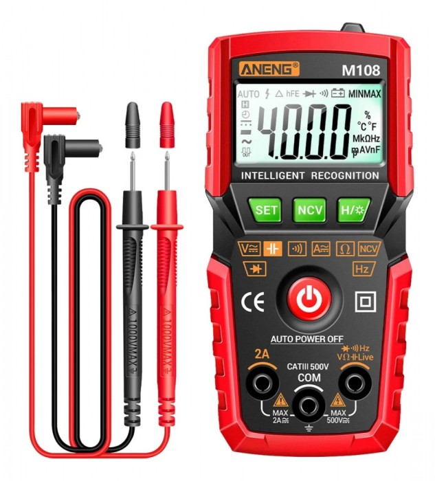 Multimetru smart digital ANENG M108, Carcasa Antisoc, DC(V), DC(A), AC(V), AC(A), rezistenta, capacitate, frecventa, diode, temperatura, NCV