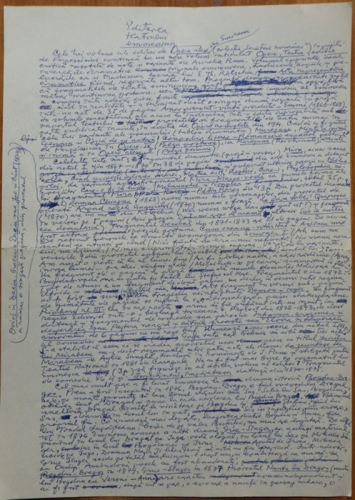 Manuscris al criticului si scriitorului Alexandru Piru, Editarea teatrului eminescian