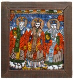 Icoana pe Glajă Sfinții Trei Ierarhi Șcheii Brașovului, Tempera și Foiță de Aur, 54.5x50 cm