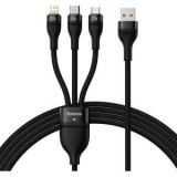 Cablu alimentare si date Baseus Flash, One-for-three Retractable, pt smartphone,USB la Micro-USB+Lightning + USB Type-C 66W, 1.2m, negru