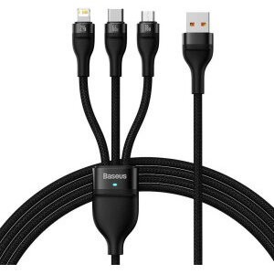 Cablu alimentare si date Baseus Flash, One-for-three Retractable, pt smartphone,USB la Micro-USB+Lightning + USB Type-C 66W, 1.2m, negru foto