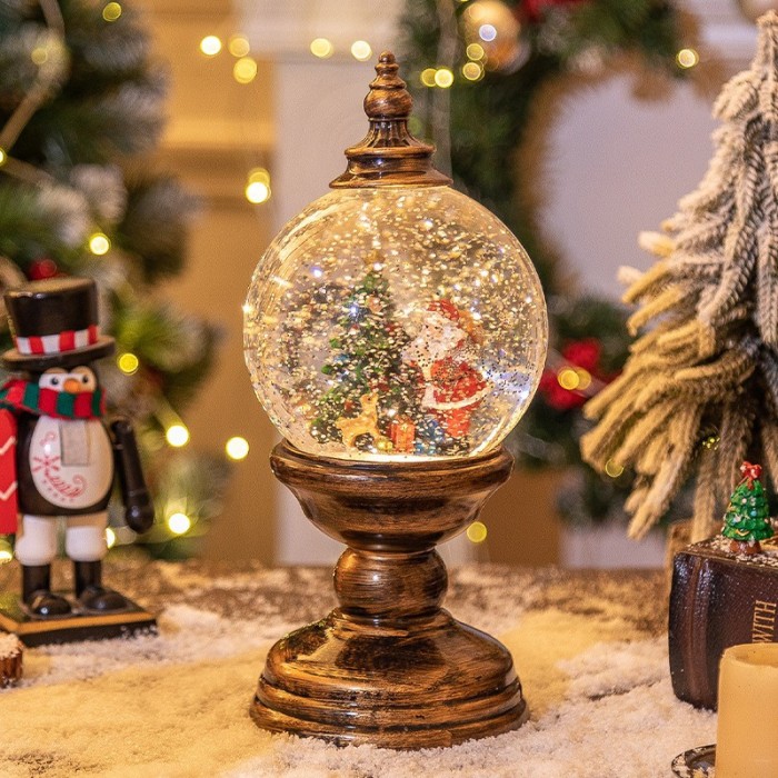 Decoratiune craciun, tip felinar, glob 12 cm, figurine mos craciun si brad, 3 moduri, functie muzicala, zapada in miscare, functioneaza cu baterii ( 3