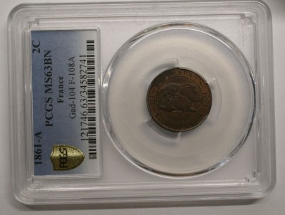 FRANTA DEUX CENTIMES 1861A MS63BN . TOP POP 1/2 . foto