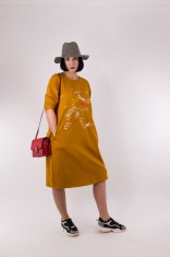 Rochie oversize, midi, mustar, cu print multicolor foto