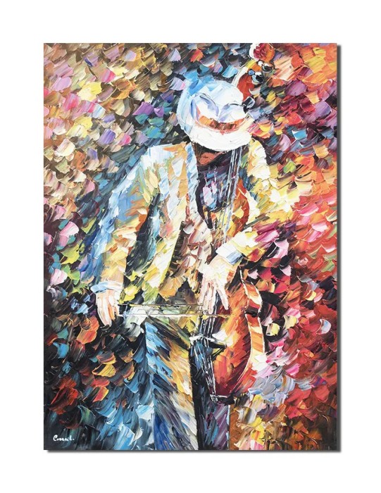 Tablou pictat manual, Violoncelistul, stilizat, 70x50cm pictura ulei pe panza in cutit efect 3D