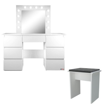 Masa de toaleta/machiaj + Taburet, alba, cu oglinda si LED-uri, Vanessa, 130x43x143 cm foto