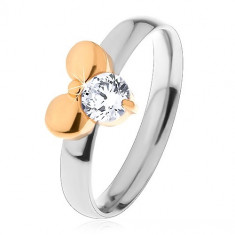 Inel realizat din oțel chirurgical, bicolor, fundiță și zirconiu rotund, transparent - Marime inel: 52