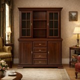 Set comoda living si dormitor, VM3, 4 sertare, 2 usi si vitrina suprapozabila VMN4, 2 usi, 2 polite, Pal melaminat, cu insertii MDF, Nuc