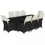 Cumpara ieftin Set bistro de gradina, 9 piese, cu perne, negru, poliratan