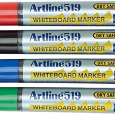 Marker Pentru Tabla De Scris Artline 519 - Dry Safe Ink, Varf Tesit 2.0-5.0mm, 4 Culori/set