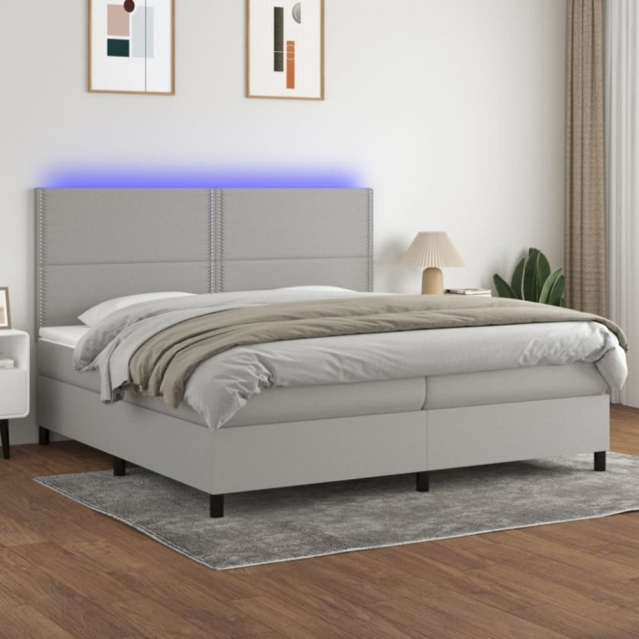 vidaXL Pat cu arcuri, saltea și LED, gri deschis, 200x200 cm, textil 3134821